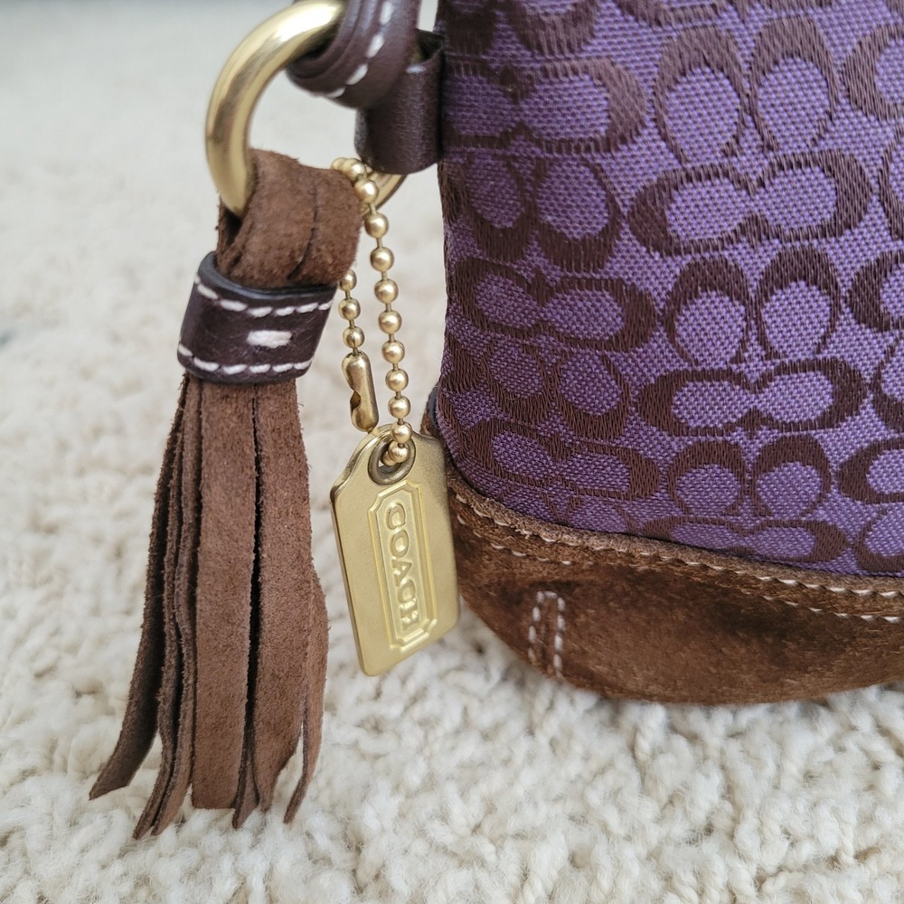 Coach Signature C Jacquard Purple Wristlet Suede Trim Tassel Pouch Gold Hardware - Picture 6 of 9